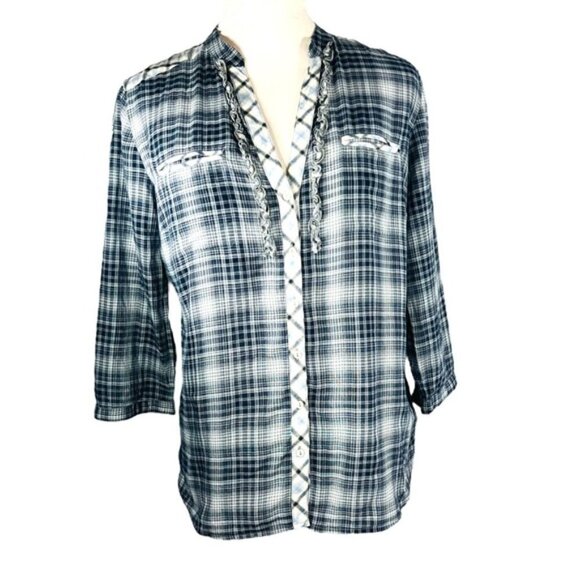 ZARA Woman plaid button down shirt vneck 2 front pockets 3/4 length sleeves SZ S - Picture 1 of 12